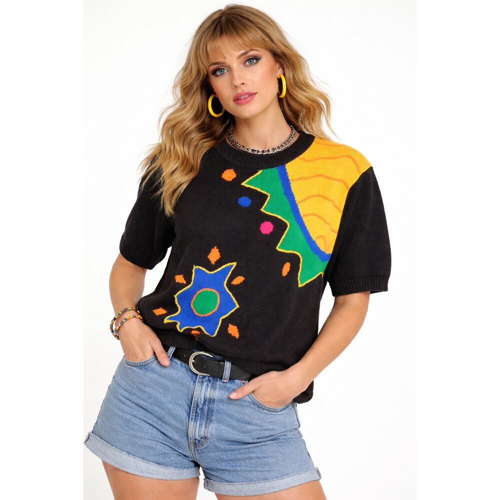 Vintage Short Sleeve Artsy Geometric Sweater Womens Retro 80s Black Orange Knit